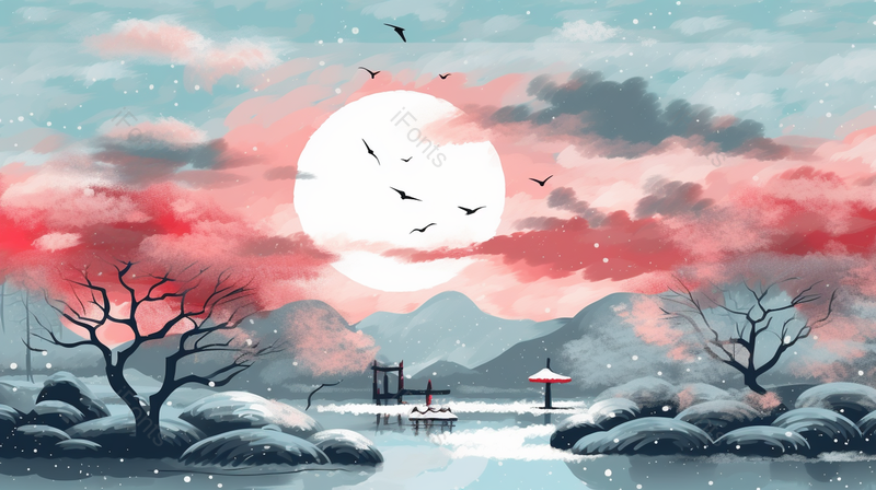 传统中国风雪天水上水墨画背景,插画/手绘图,插画/手绘图库,插画/手绘图下载,插画/手绘